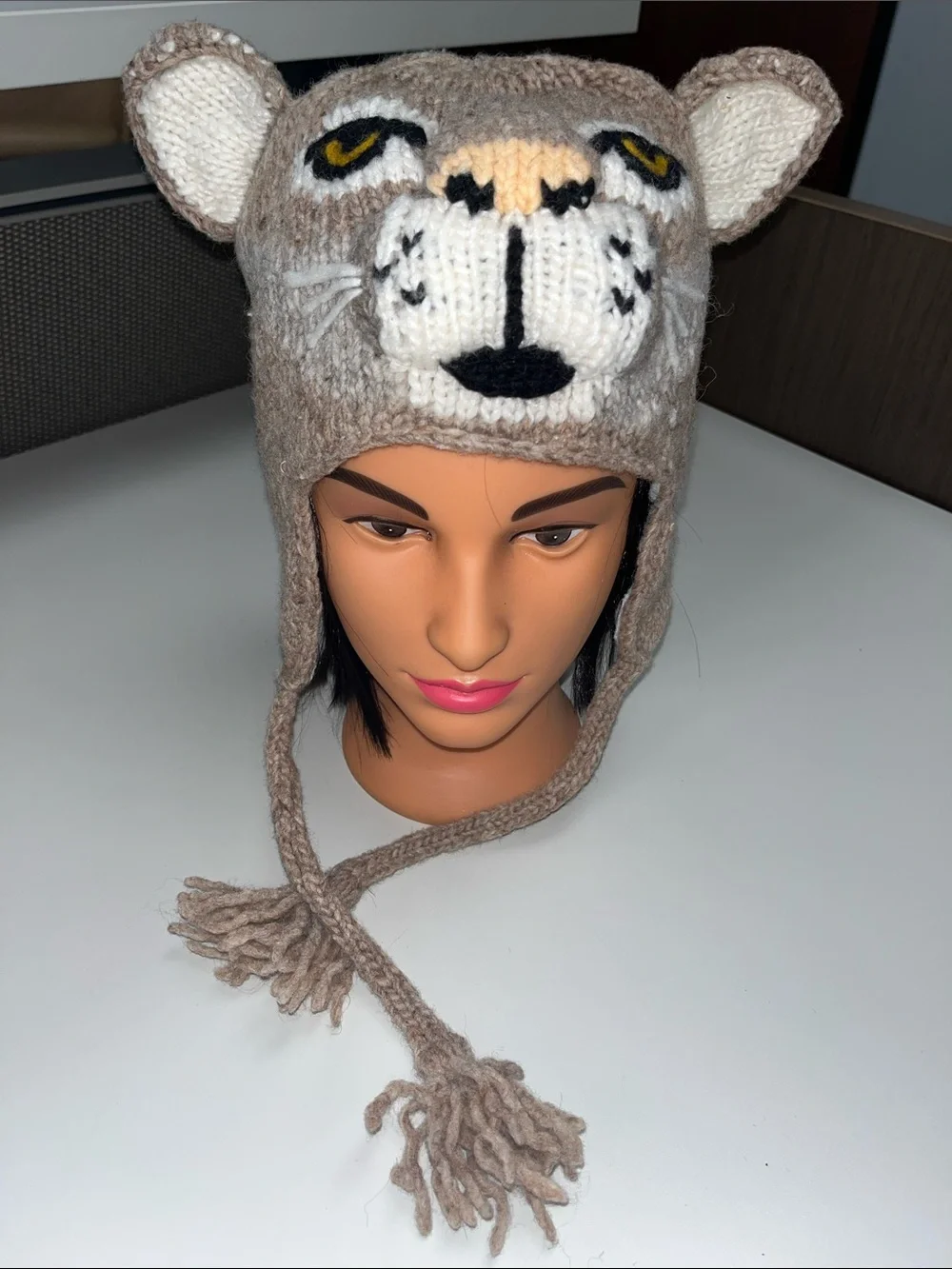 Source Unknown adult Brown and White Knit Puma / Cougar Earflap winter Hat